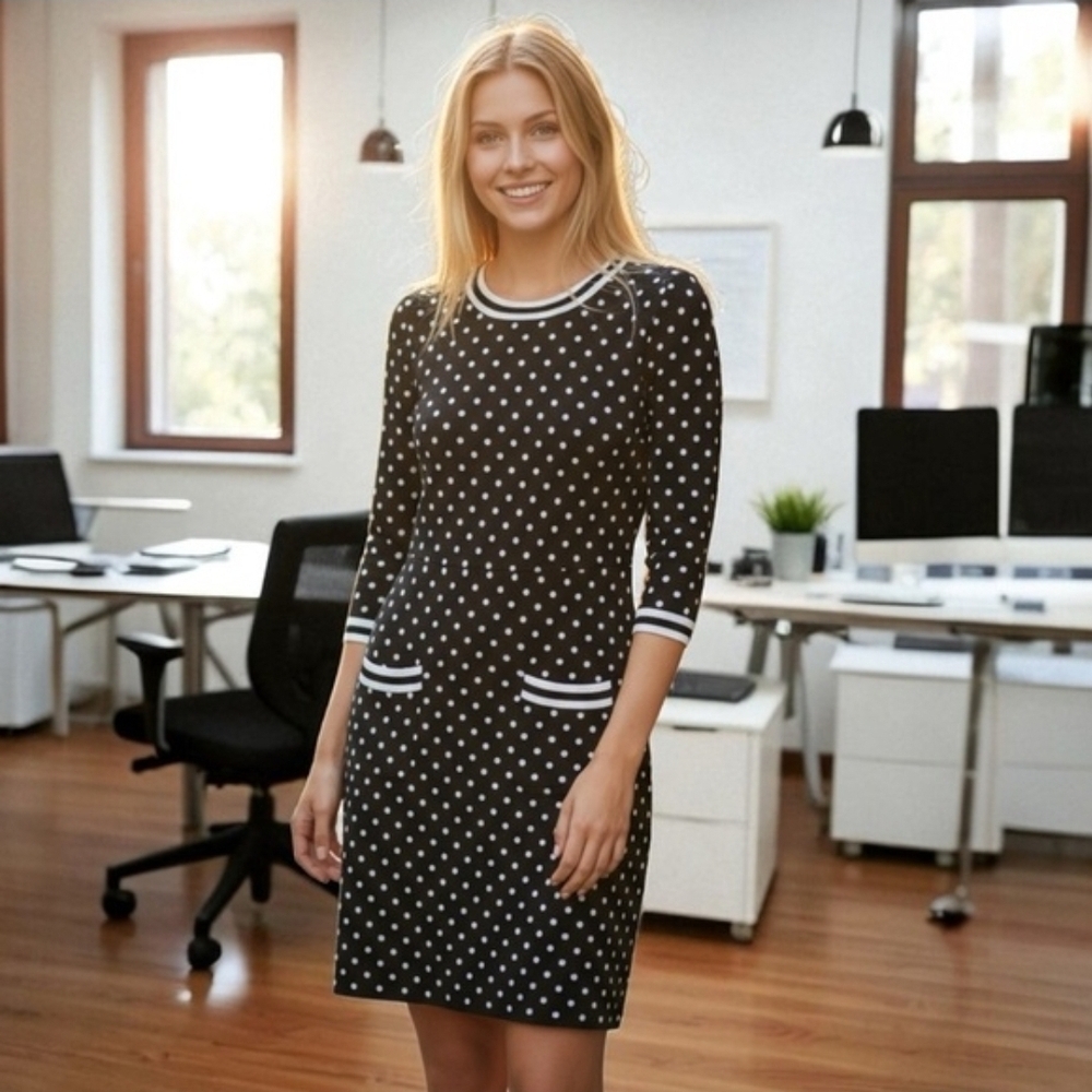 NEW Boden Black Grey White Polka Dot 3/4 Sleeve Sweater Dress Size 16